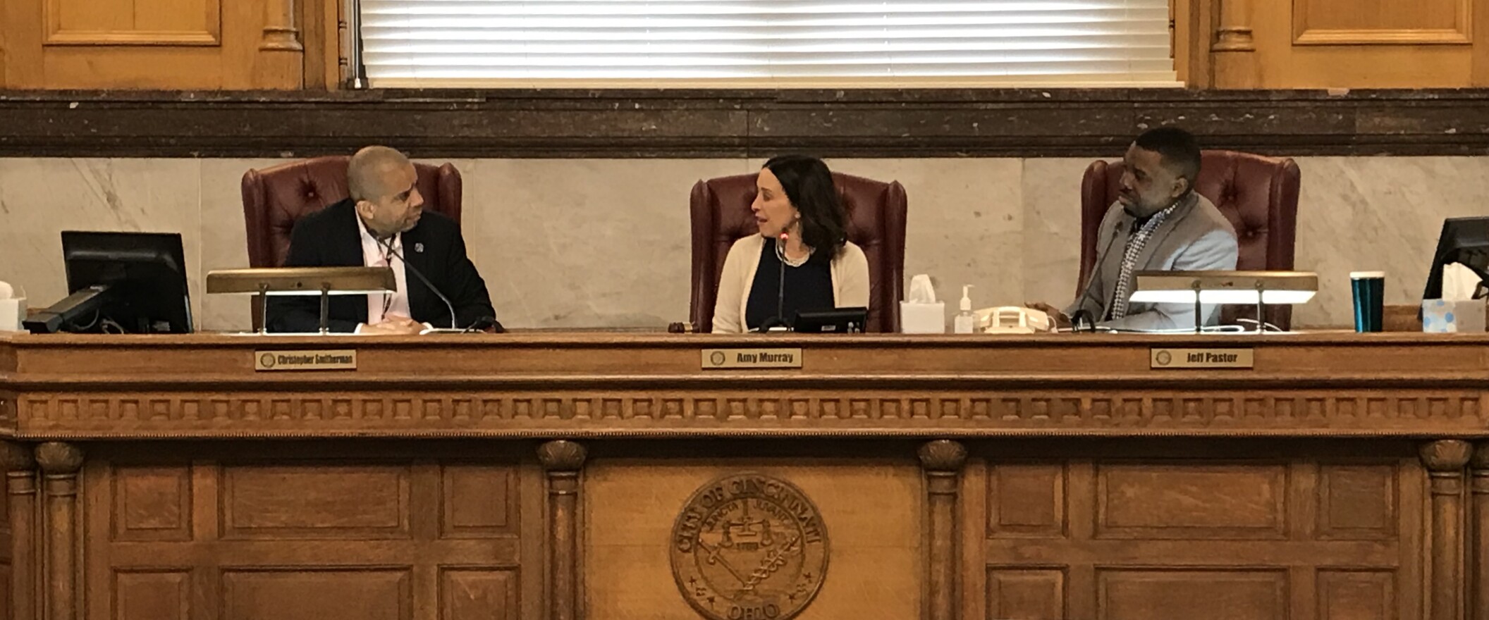 Cincinnati Council Member Amy Murray (center) chaired her final committe meeting Tuesday with Vice Mayor Christopher Smitherman (left) and Council Member Jeff Pastor (right).